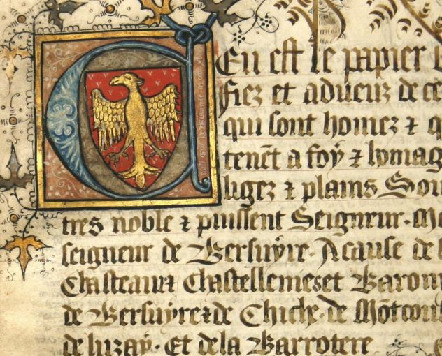 Archives départementales des Deux-Sèvres, E 1297. Chartrier de Saint-Loup, détail de la première page enluminée.